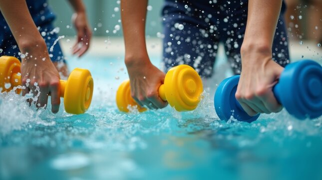 People performing water aerobics with colorful dumbbells in swimming pool.