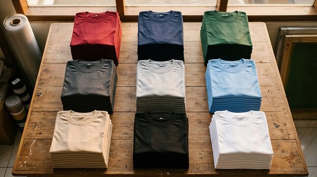 Stacks of colorful folded cotton t-shirts on a wooden table