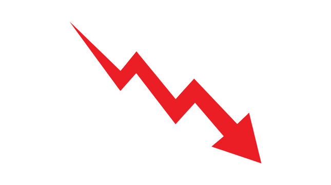 Red downward arrow icon showing declining trend and falling stock market or business loss chart