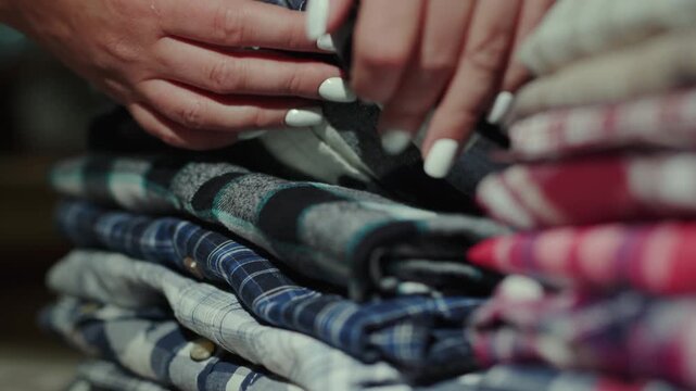 Fingers sort through stacks of folded plaid shirts in store display.