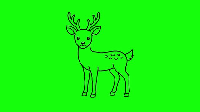 A simple black line-art illustration of a cute, spotted deer with antlers, isolated on a bright neon green background for easy chroma key compositing.