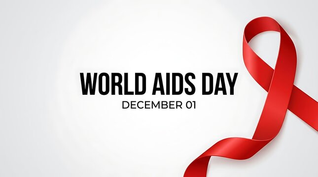 World aids day background with a realistic red awareness ribbon on a clean white surface