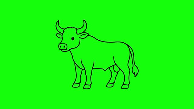 A simple, black line-art illustration of a standing bull on a solid green background, optimized for chroma key video animation and designer extraction.