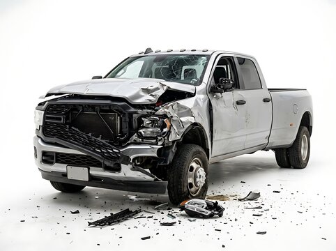 Front view of a heavily damaged silver pickup truck isolated on white background