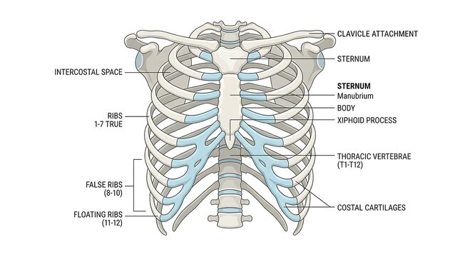 Anatomical diagram of human thoracic rib cage skeleton with skeleton, thoracic