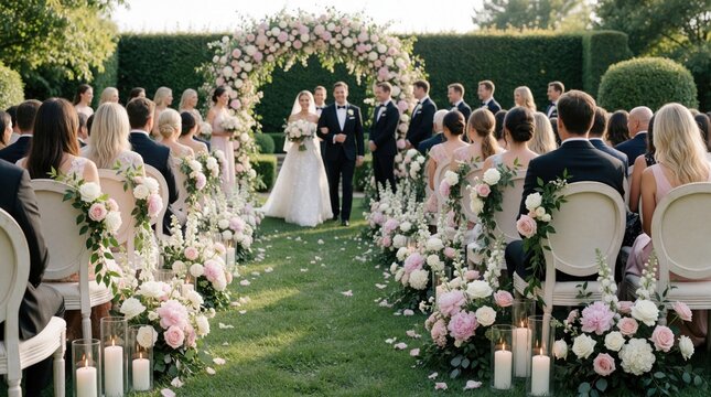 Happy bride, groom walk down aisle during wedding ceremony at outdoor garden. Guests sit on chairs decorated with pink, white flowers. Couple holds bouquet under large floral arch. People attend