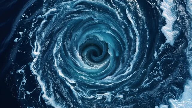 Deep ocean vortex swirling with shimmering water textures, circular spiral motion, mesmerizing whirlpool effect, 4K video