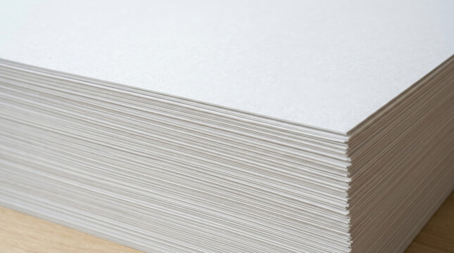 A large stack of blank white paper sheets piled neatly on a wooden surface.