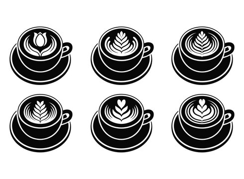 Collection of six black and white stylized coffee cups with latte art isolated on transparent background