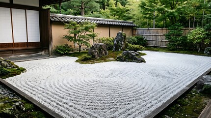 Obraz premium Traditional japanese zen rock garden with raked gravel and moss