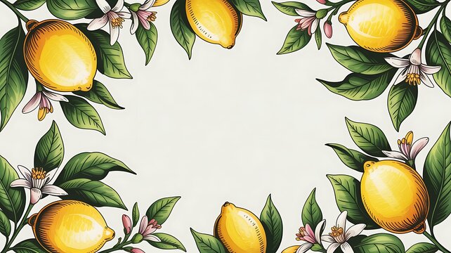 Beautiful watercolor frame featuring bright yellow lemons and lush green evergreen leaves creating a fresh botanical border design perfect for summer invitations and cards