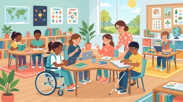 Inclusive classroom setting with diverse students and teacher engaged in learning education study vector illustration