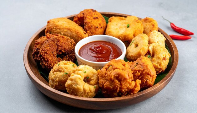 Assorted Indian Fried Snacks Platter with Dipping Sauce in Wooden Bowl