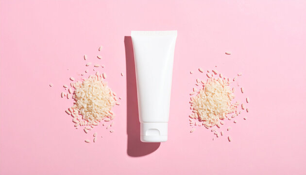 Minimalist white cosmetic tube surrounded by scattered uncooked rice grains on pastel pink background, unbranded packaging, natural beauty and skincare concept. Close-up.