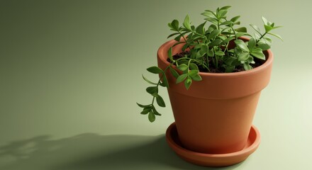 Fototapeta premium Healthy Indoor Green Plant in a Rustic Clay Pot Creating a Calm Natural Living Space