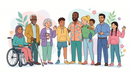 Obraz premium Group of senior and young diverse people with disabilities standing together celebrating inclusion community vector illustration