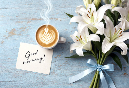 Beautiful white lilies with a latte coffee and good morning card on rustic table