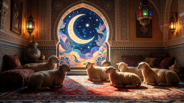 Group of fluffy sheep rest inside traditional room with patterned rugs. Large arched window shows colorful night sky with crescent moon, stars. Interior decor features lanterns, mosaic walls. Festive