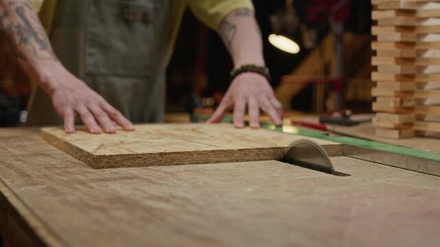 Cropped shot of tattooed male carpenter aligning wood panel on table saw in workshop. Footage serves well for construction industry advertisements, DIY tutorials, or vocational training videos