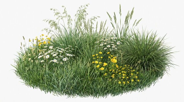Green grass patch with wildflowers. Isolated meadow turf with blooming spring flowers.