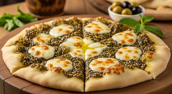 Manakish with zaatar and cheese on wooden board, studio shot on wooden table