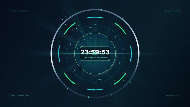 Digital Clock Counting Up to Midnight Futuristic HUD Timer