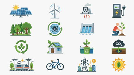 Fototapeta premium Professional Colorful Set of 16 Eco Friendly and Sustainable Energy Icons Featuring Solar Panels Wind Turbines Recycling and Green Living