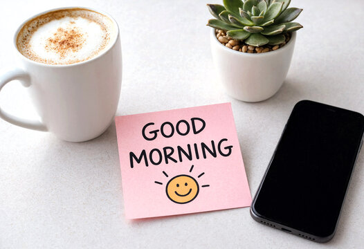 Bright good morning setup with coffee smartphone and cheerful note for positive morning routine inspiration