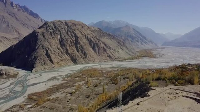 aerial landscape footage of Gilgit Baltistan in autumn season