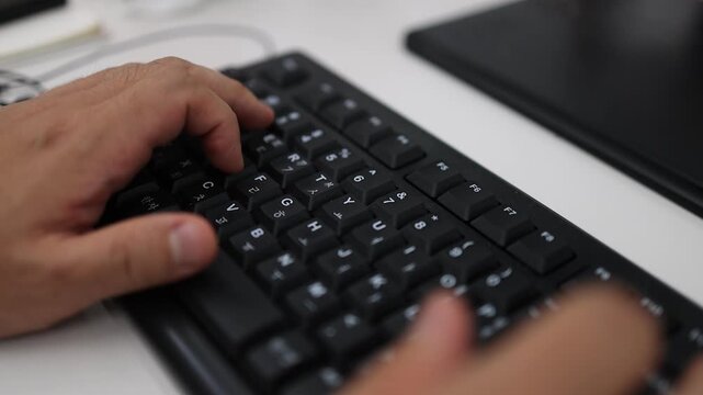 A close-up of both hands actively typing on a dark mechanical keyboard with Korean key labels on a desk.