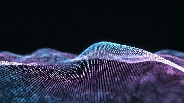 Abstract digital landscape with flowing particles and glowing light waves on dark background