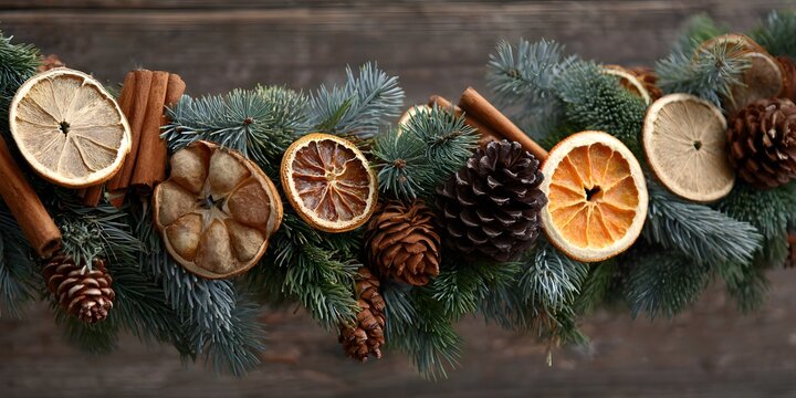 Rustic holiday garland arranged with dried citrus slices, cinnamon sticks and pine cones on wooden surface