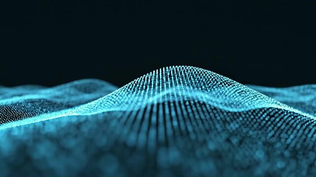 Abstract digital landscape with flowing particles and wave surface on dark background