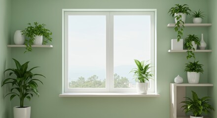 Fototapeta premium Modern Living Space with Large Window Filled with Lush Green Houseplants and Fresh Interior Styling
