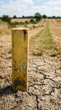 A Weathered Yellow Boundary Marker Standing Amidst Parched and Cracked Earth in a Vast Rural Agricultural Landscape Under a Summer Sky