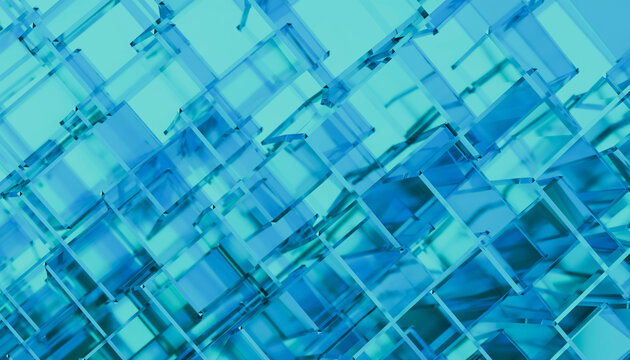 Close-up of transparent blue glass cubes forming an abstract pattern
