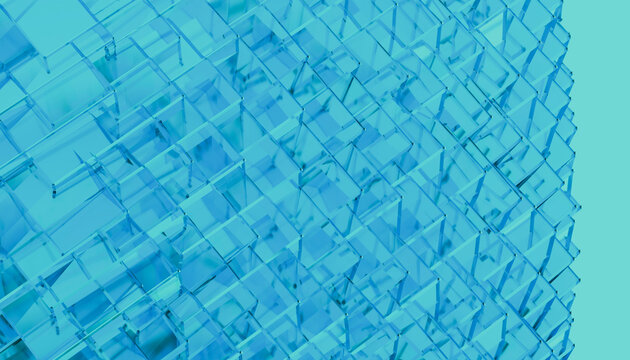 Abstract geometric pattern of blue transparent glass cubes