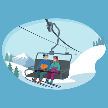 Vector illustration of a couple riding a ski chairlift with snowy mountains and pine trees in the background, flat cartoon winter resort scene