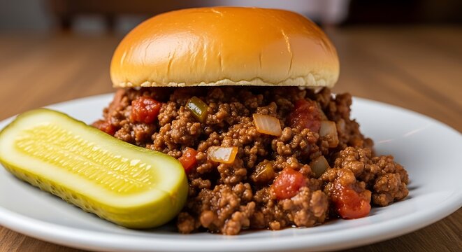 Sloppy joe sandwich with pickle on white plate on wooden table