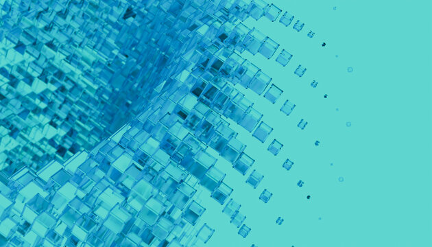 Abstract 3d transparent cubes floating on a blue background
