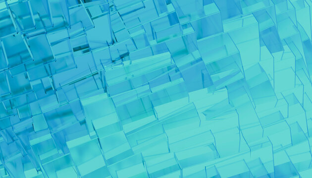 Stacked transparent blue glass blocks form a geometric abstract