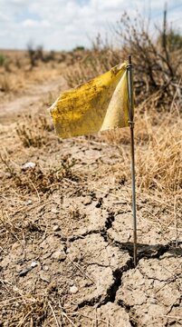 A weathered yellow survey flag stands as a poignant marker in the midst of a severely cracked and parched earth landscape