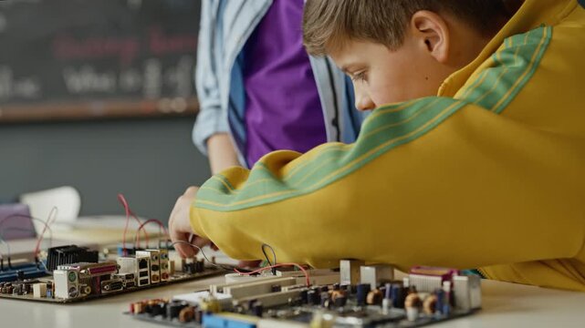 Caucasian child with classmate connecting wires to computer motherboard during STEM class. Footage is ideal for promoting science education and school curriculum advertisements