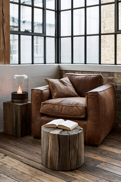 Worn cognac leather armchair next to reclaimed wood side table with open book in industrial loft home office setting with large windows