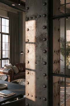 Closeup of industrial steel beam with rivets in a modern loft home office, sunlight casting shadows on textured surface