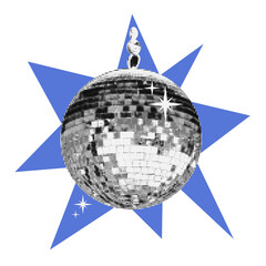 Obraz premium Retro disco ball with halftone texture overlay and blue starburst. Vintage mirror ball collage element for party, music festival, nightclub, dance event, poster, banner and celebration design. Vector 