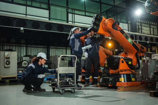 Industrial engineers team discussion control range of orange robotic arm machinery while female colleague checking electric servo motor spare parts. Concept of heavy machinery maintenance service.
