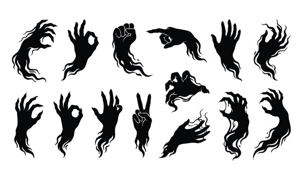 Spooky ghost hands and monster claws silhouettes set for Halloween vector illustration