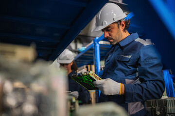 Chief mechanical engineer inspecting examining circuit board motherboard spare parts stock room...