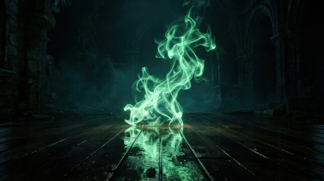 Green Magic Fire Flames in Dark Room